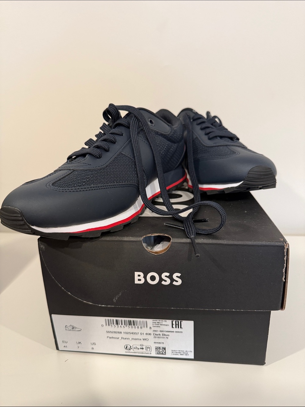 BOSS Dark blue Men’s Black Sneakers with Red and White Sole Accents